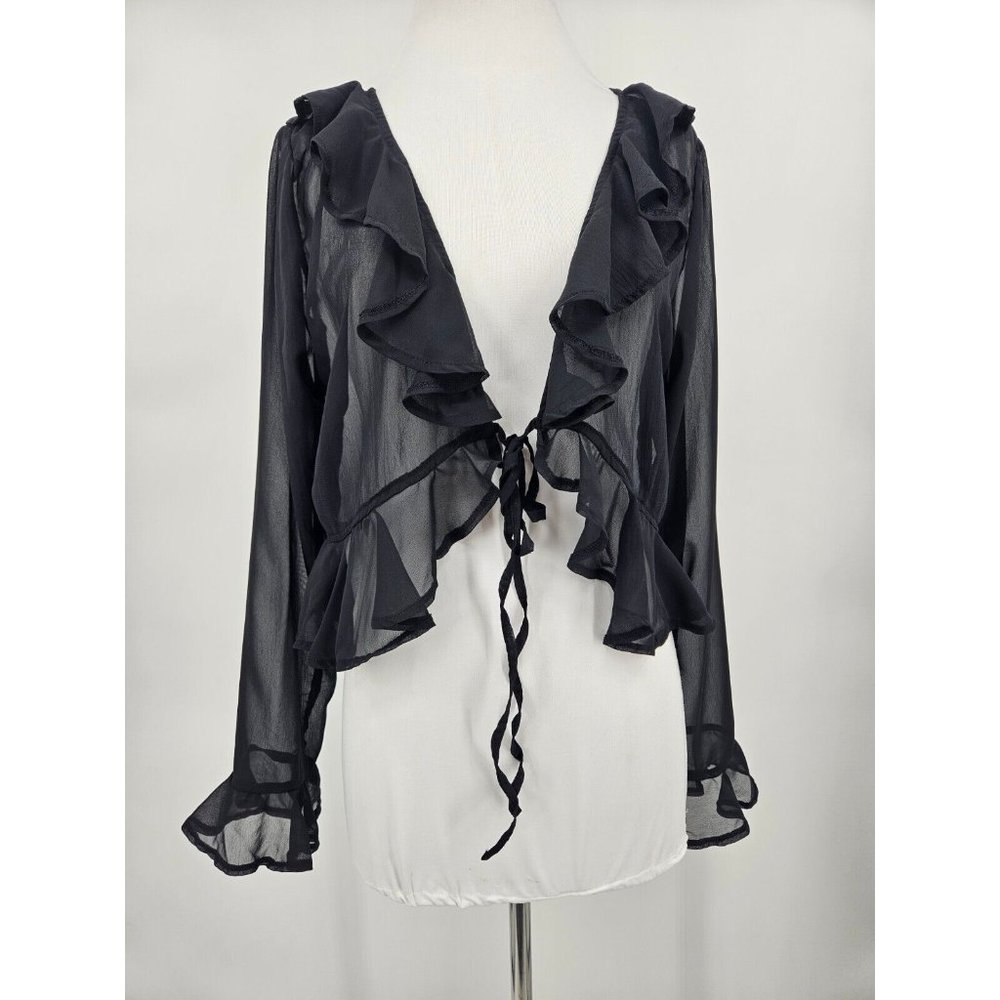 New Kat the Label Winnie Blouse Womens L Black Sheer Tie Front Top